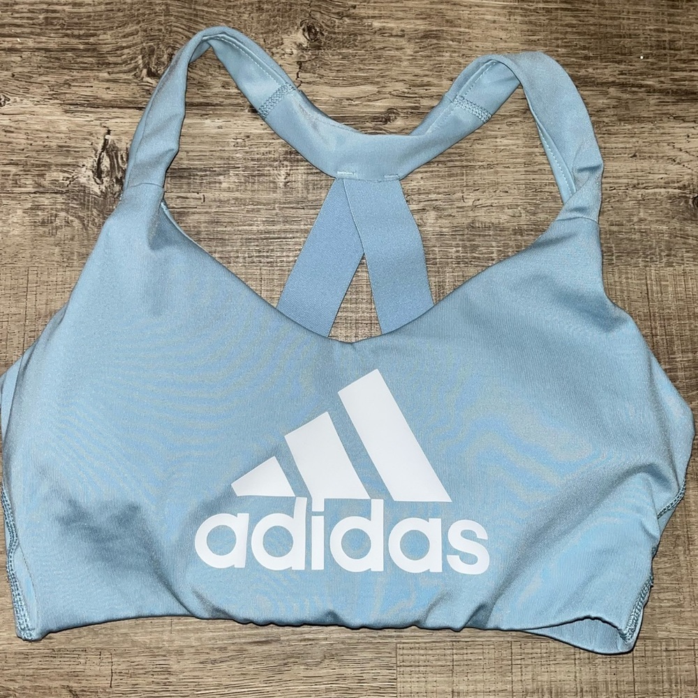 Adidas Baby Blue Halter Racerback Logo Sports Bra Women’s Size S or M? EUC - Picture 1 of 5